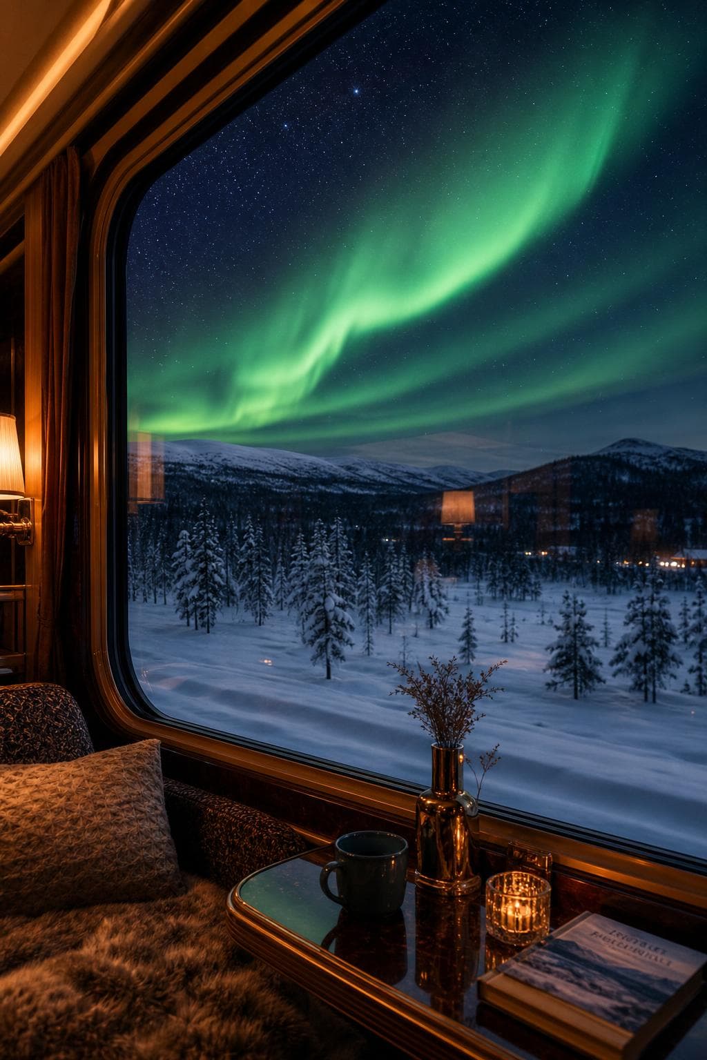 Northern lights over a winter landscape from a train window