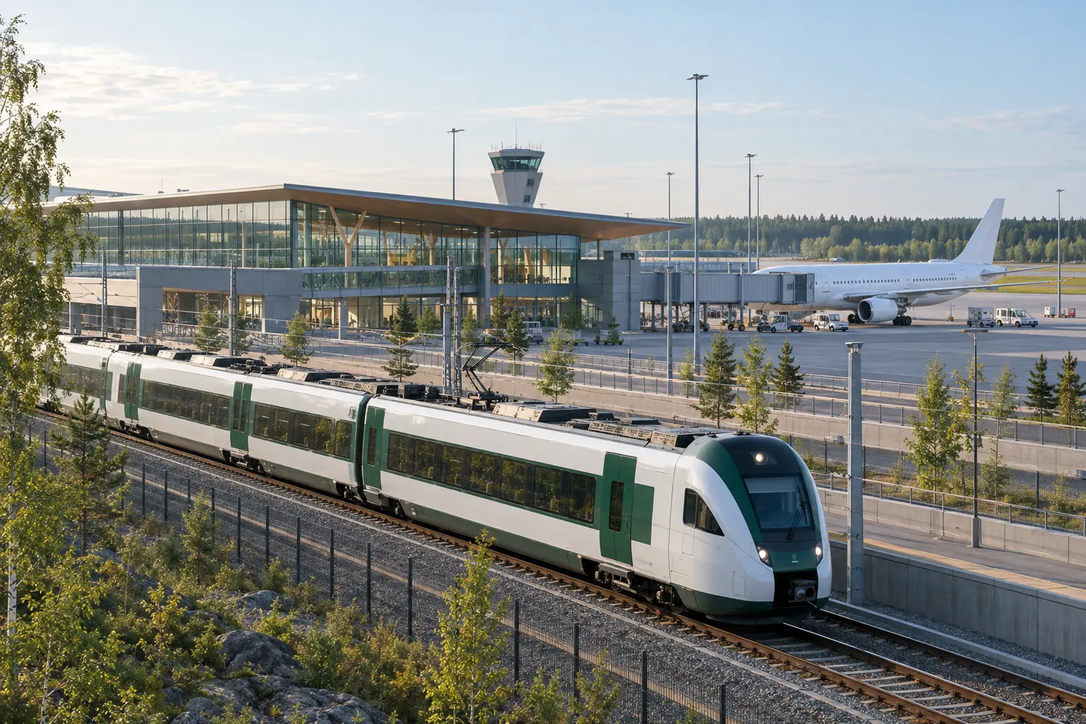 Illustration of a passenger train beside an airport terminal and aircraft